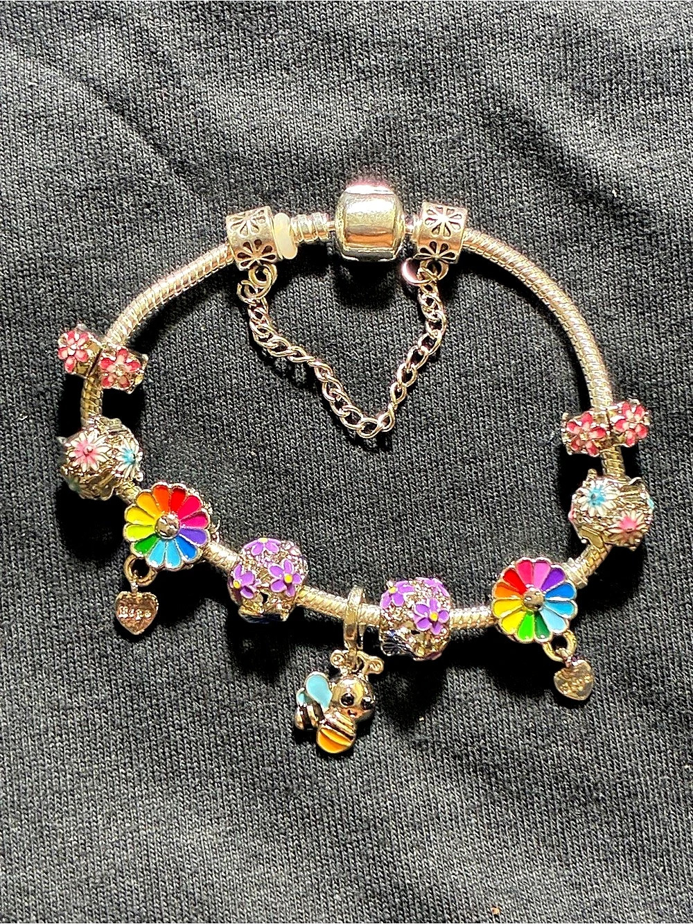Floral Bee Charm Bracelet Gold Multicolor Like New